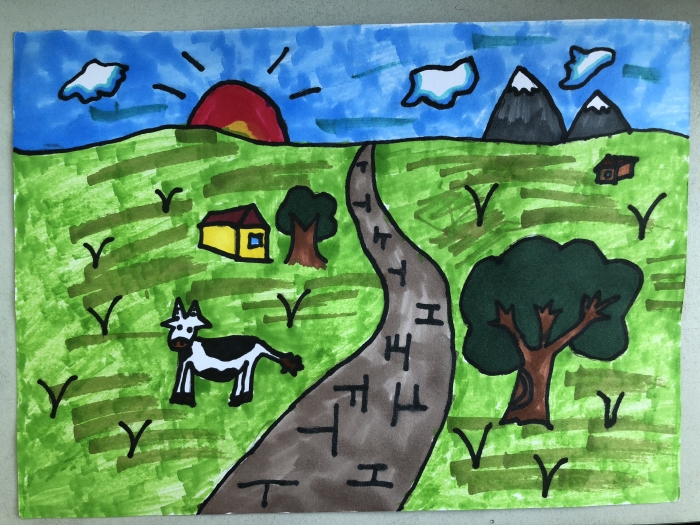 弯弯的小路(儿童画)郑瑾轩,台州市清港中心小学,五年级,画面中的事物